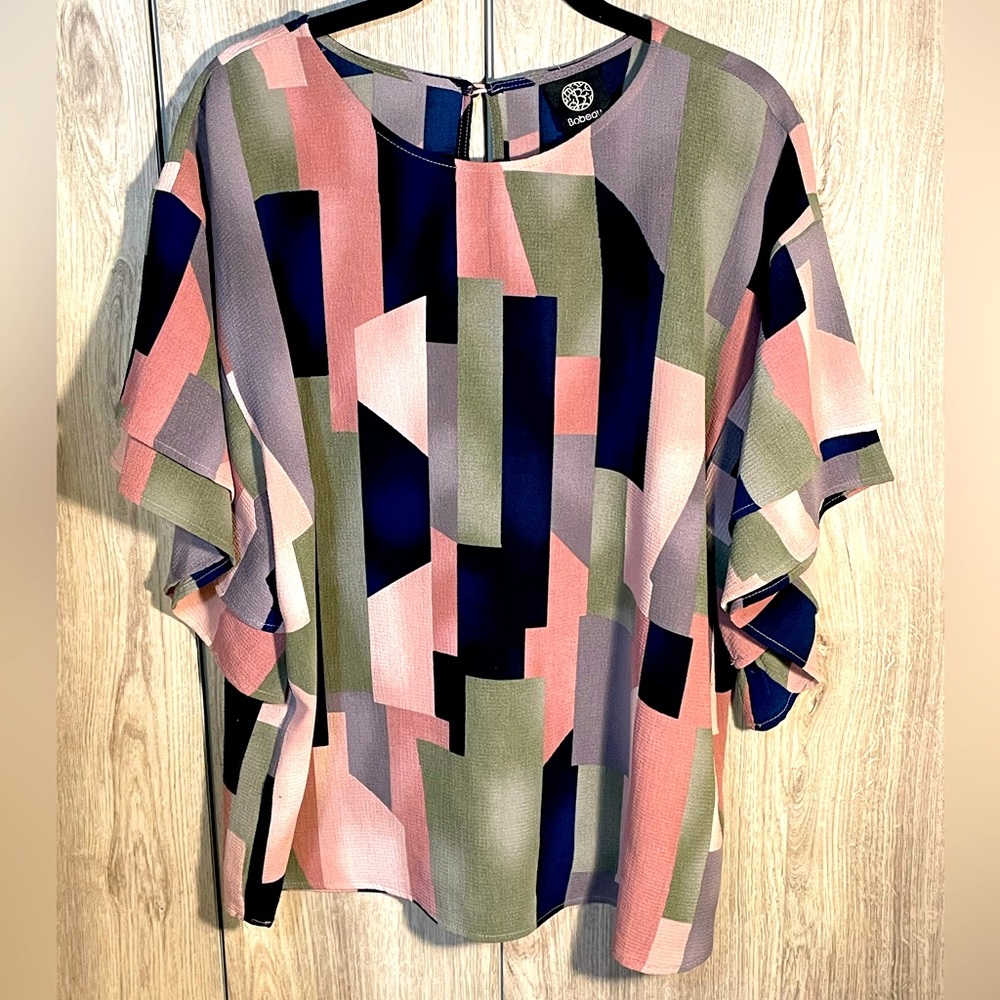 Bobeau Pink Green & Black Geometric Blouse with Double Ruffle Short Sleeves M